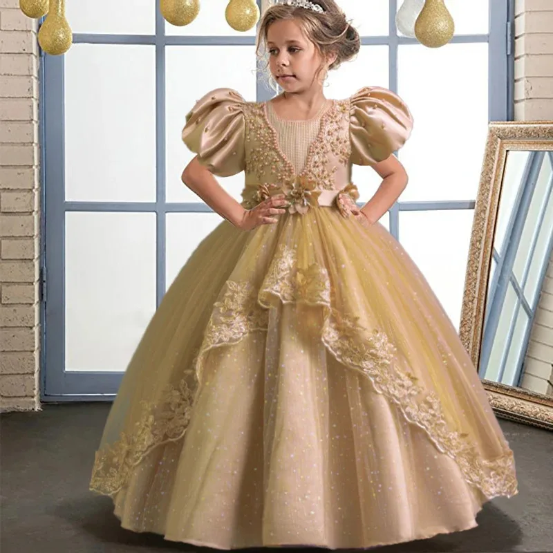 

Elegant Girl's Birthday Party Dress for 4-12 Years Old Halloween Princess Dress New Bubble Sleeves Girl's Fluffy Dress