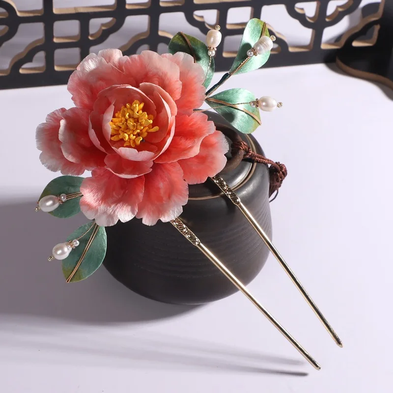 

Intangible Cultural Heritage Handmade Pink Peony Hairpin Hair Accessories Silk Velvet Flower Hair Hairpin Hair Headwear Exquisit