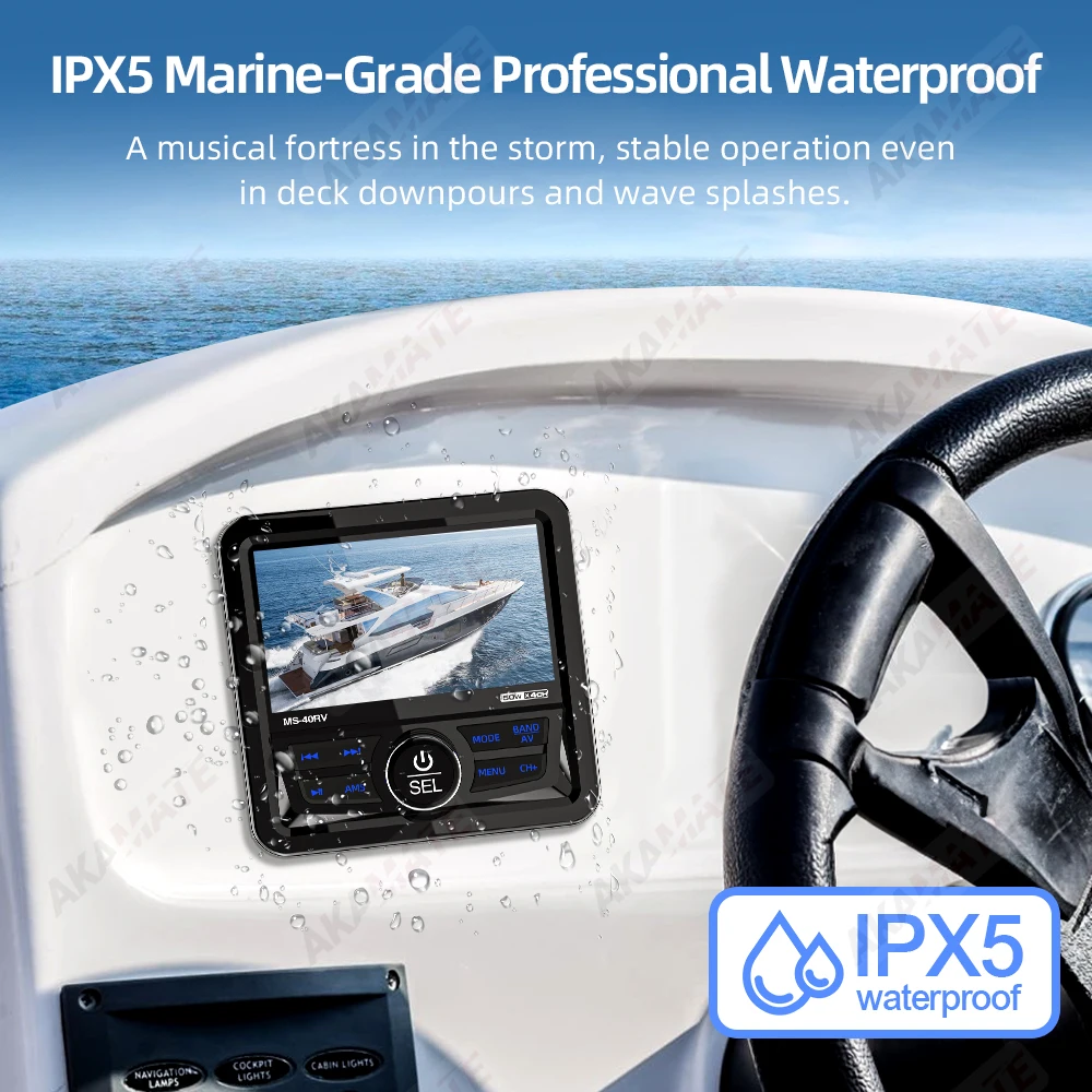 MP5 Marine Radio Stereo Square Boat Speaker FM AM Antenna Waterproof IPX5 Bluetooth Multimedia Player for RV ATV UTV SPA RZR
