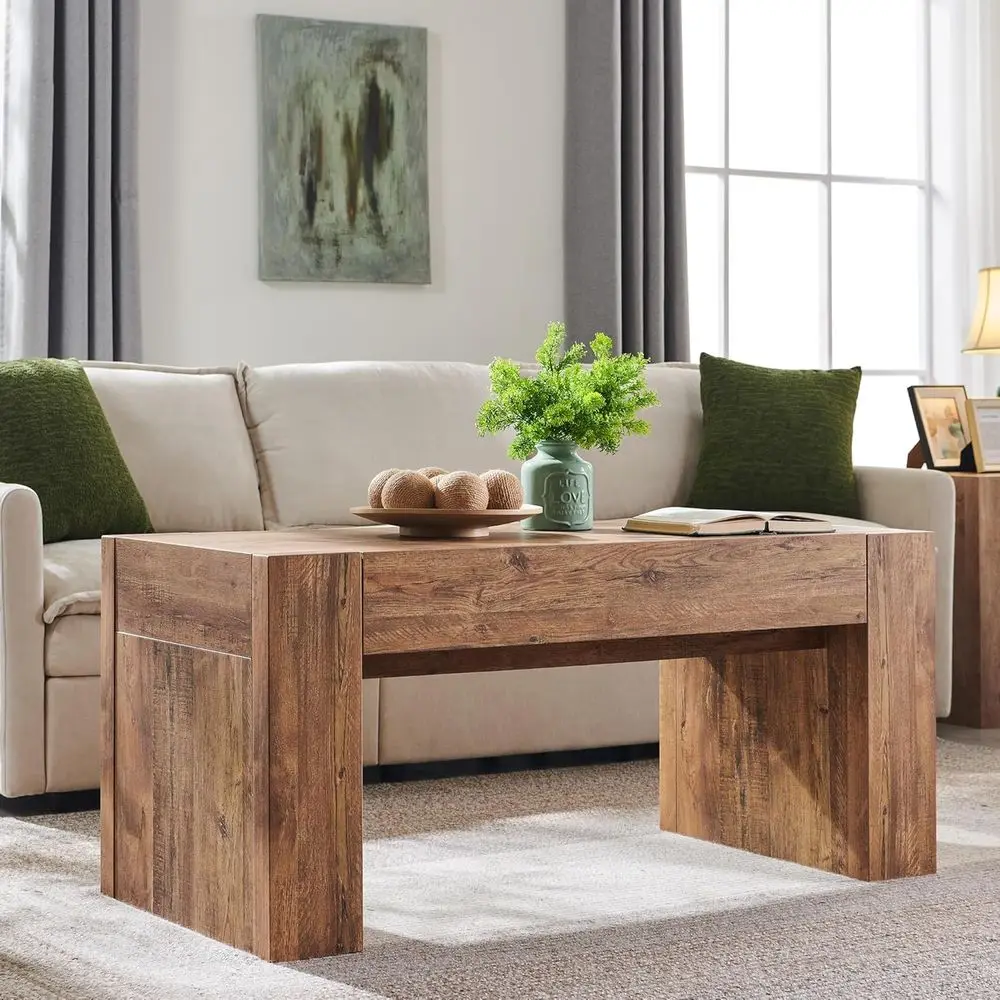 

48 Rustic Wooden Coffee Table with Storage, Thick Design for Living Room and Office, Gold Brown Finish