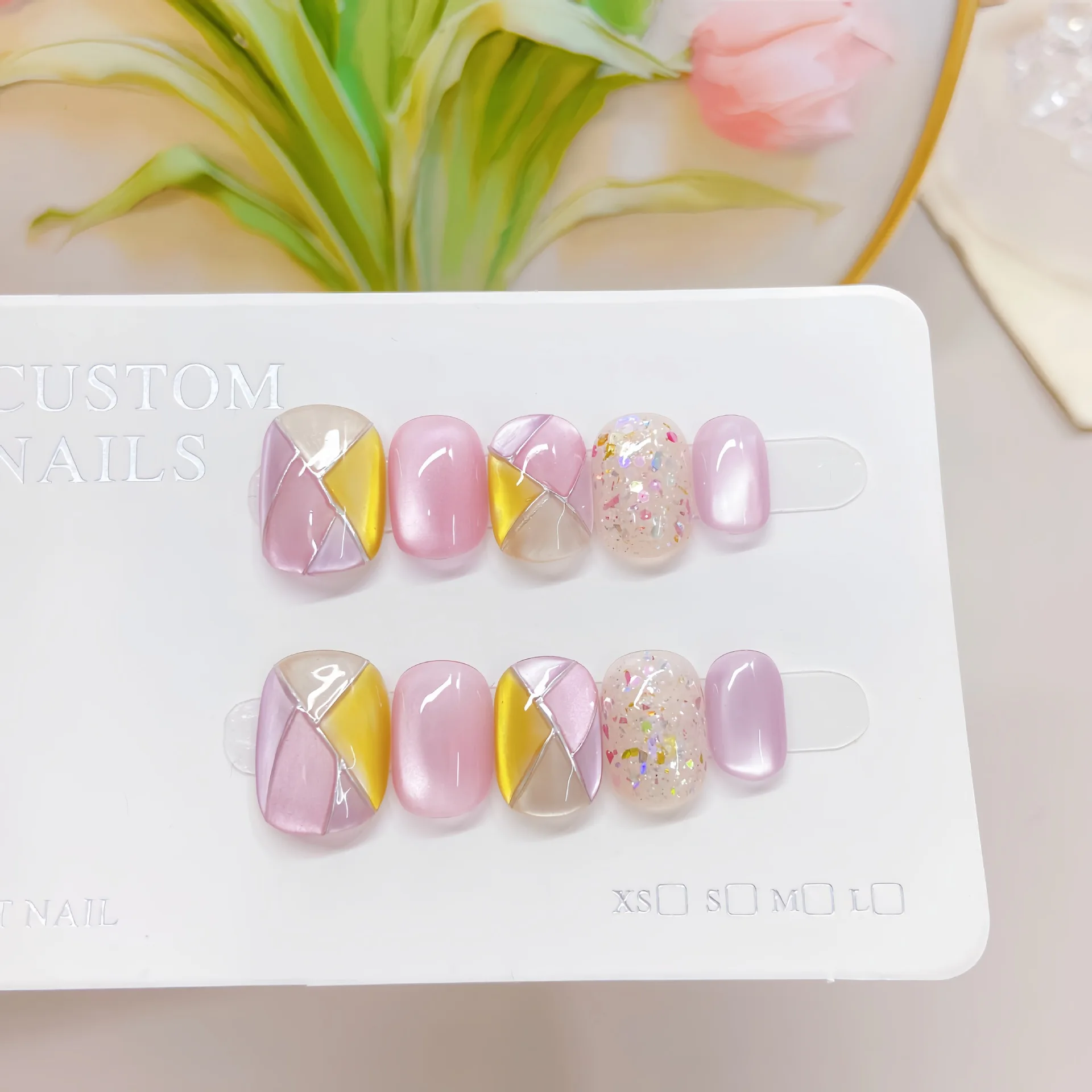 10 قطعة الصحافة اليدوية على الأظافر ضوء النجوم ظهرت الحلوى تحقق نمط القط العين أظافر صناعية للنساء والفتاة القابلة للإزالة يمكن ارتداؤها مسمار #4