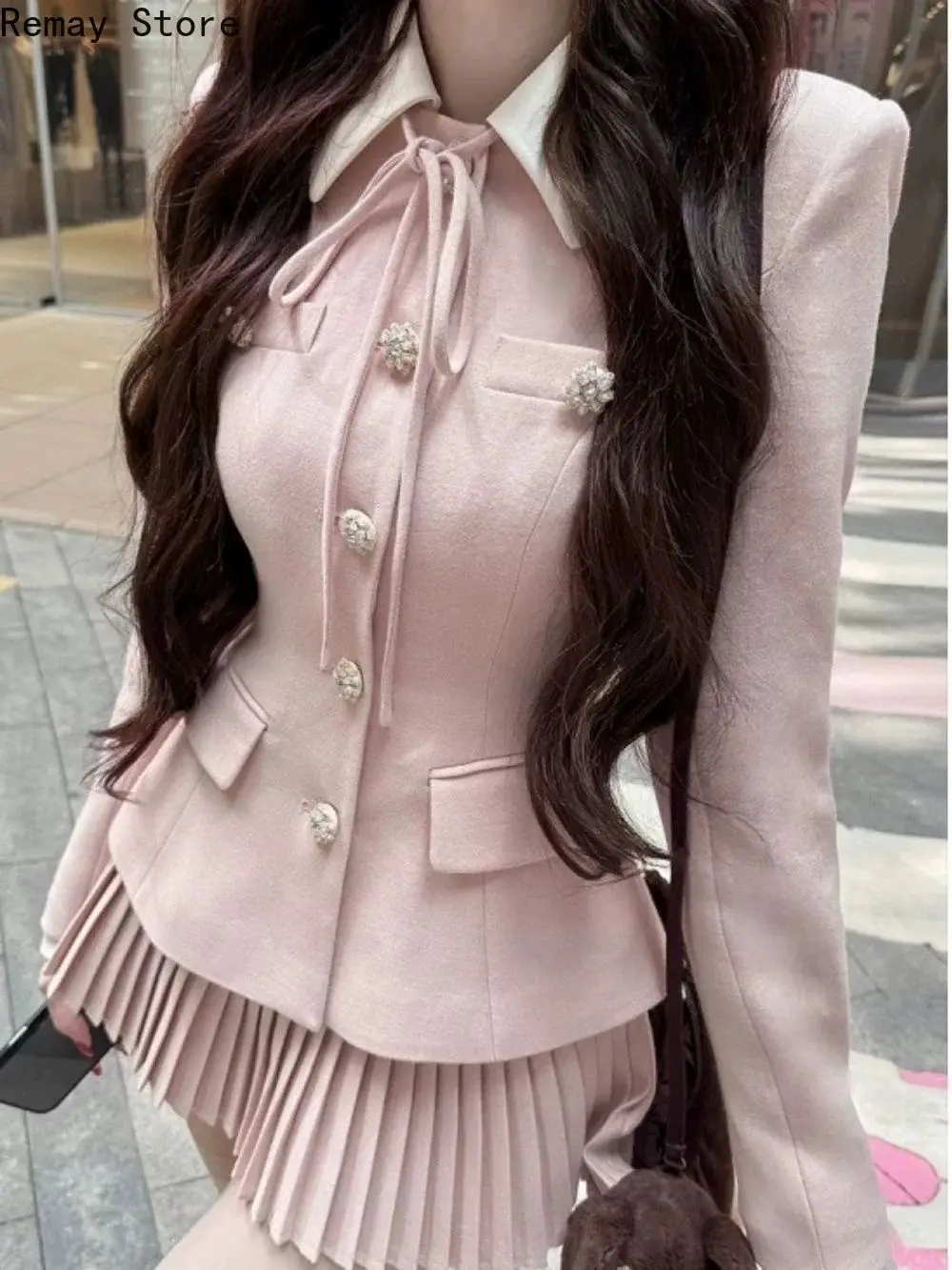 American Vintage Korean Fashion Y2k Women 2 Piece Set Gary Suit Coat + Mini Skirt Harajuku Gothic Lolita Design Slim Fit Outfits image 2