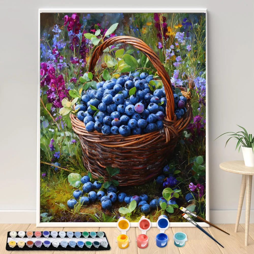 Pintura por Números, Kits de 40x50cm, Cesta Llena de Arándanos Frescos, Imagen por Números para Decoración del Hogar, Pintado a Mano, Regalo DIY