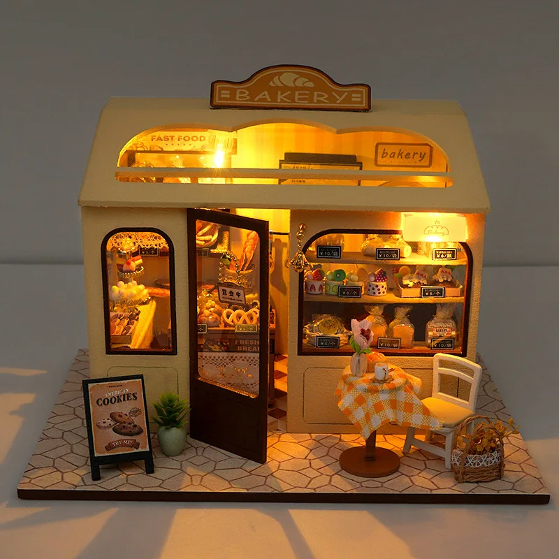 DIY Holz Miniatur Modell Kit Bäckerei Shop Casa Puppenhäuser 3D Puzzle Puppenhaus mit Möbel Lichtern für Freunde Geburtstagsgeschenk