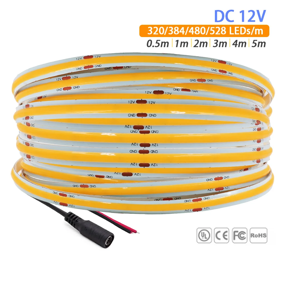 New 12V COB LED Strip Light High Density Linear Lights Bright 320/384/480/528 LEDs 8mm 3mm 5mm DC Flexible Tape Home Decoration