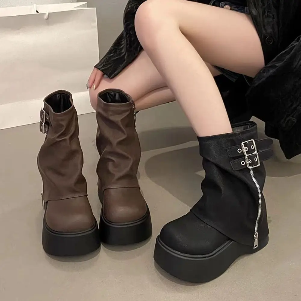

Модные новые дизайнерские женские байкерские ботинки с пряжкой на ремне, женские сапоги до колена на платформе, гладиаторы, Harajuku, женские ботинки средней длины