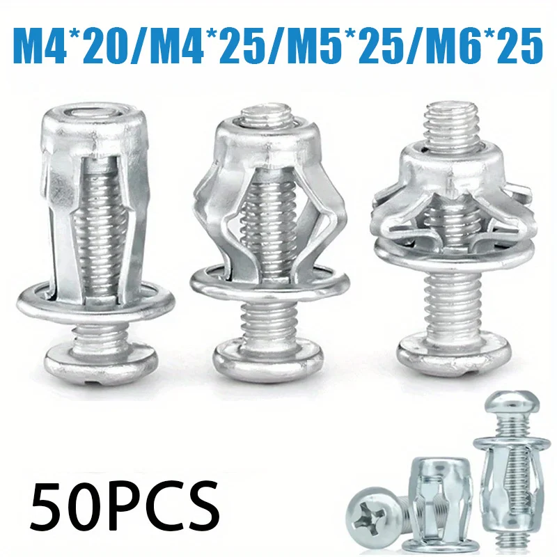 50Pcs Self-Locking Galvanized Metal Panel Screws -Fully Threaded Phillips Drive Rivet Nuts Flat Head Petal Nut Bolts for Fixings