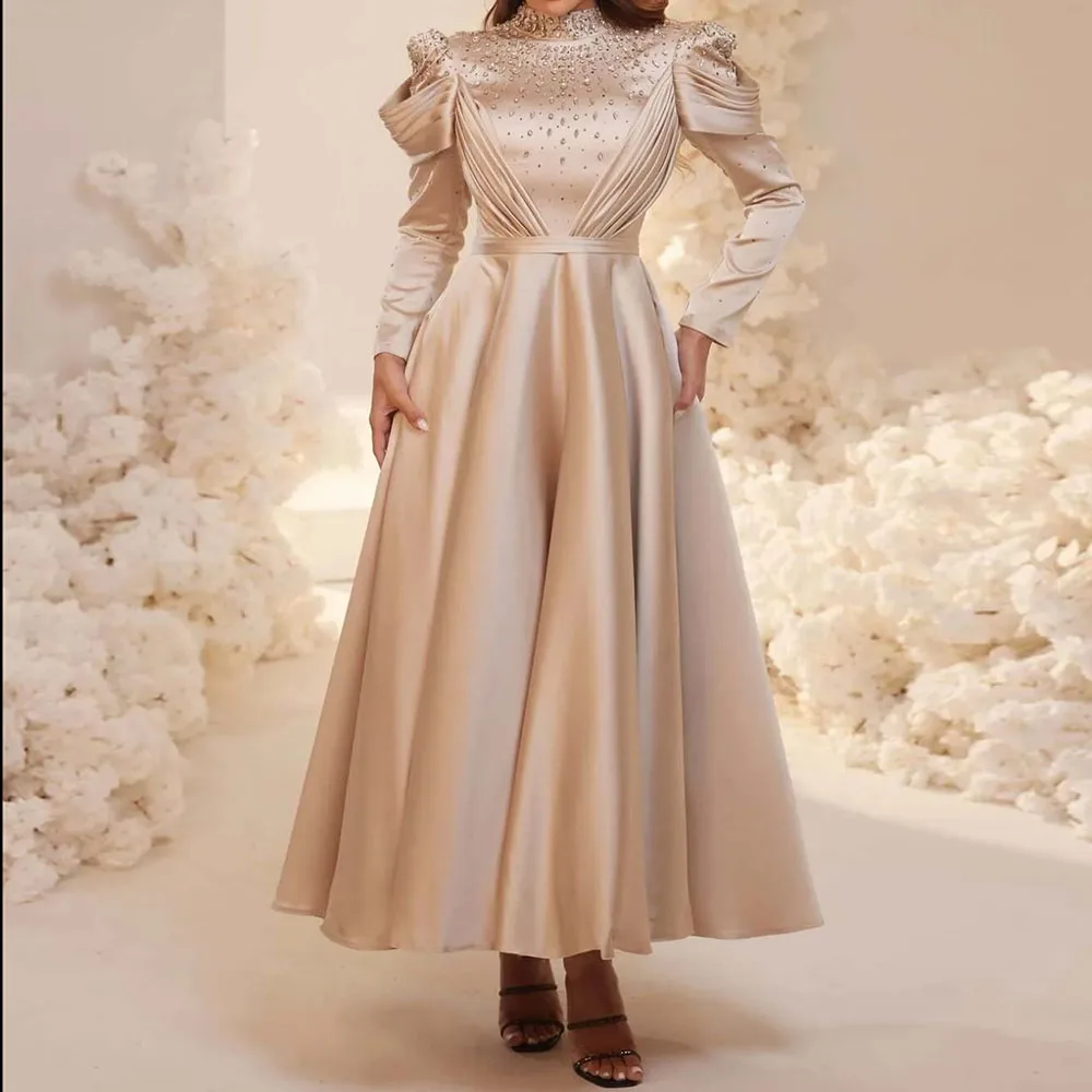 

Customized A-Line Evening Dresses Ankle-Length High-Neck Full Sleeve Prom Gown Fashion Crystal Pleat Simple Draped Party Gown