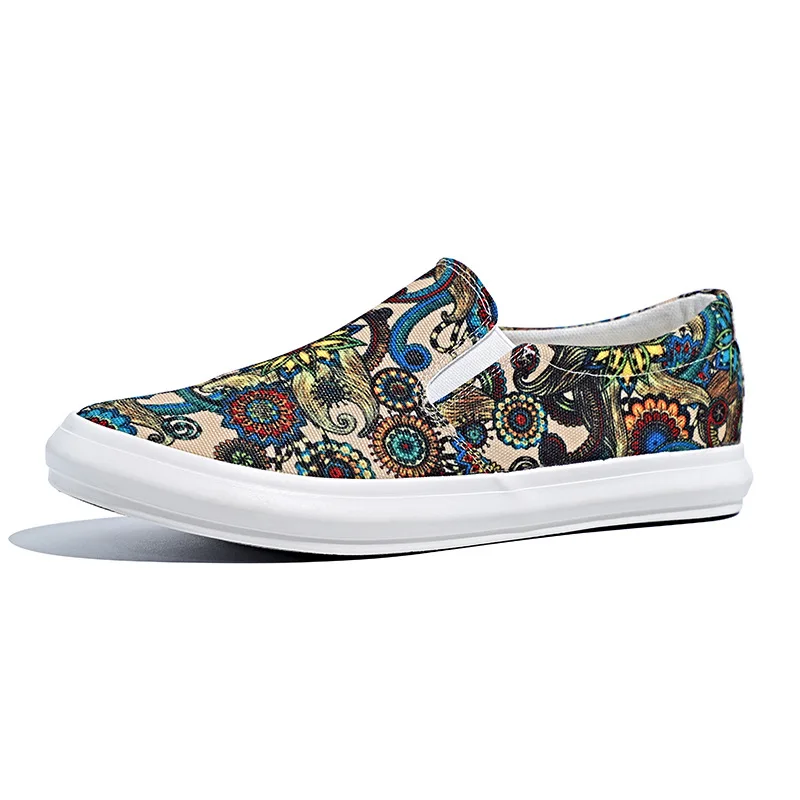 New Shoes for Men Canvas Casual Shoes Spring Trend Flower Print Flat Skateboard Shoes Youth Street Cool Slip-on Loafers