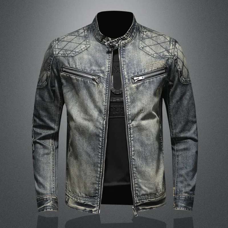 2026 Spring Autumn Retro Denim Jacket Men Trend Brand Cycling Locomotive Clothing Tooling Stand-up Collar Youth Jacket