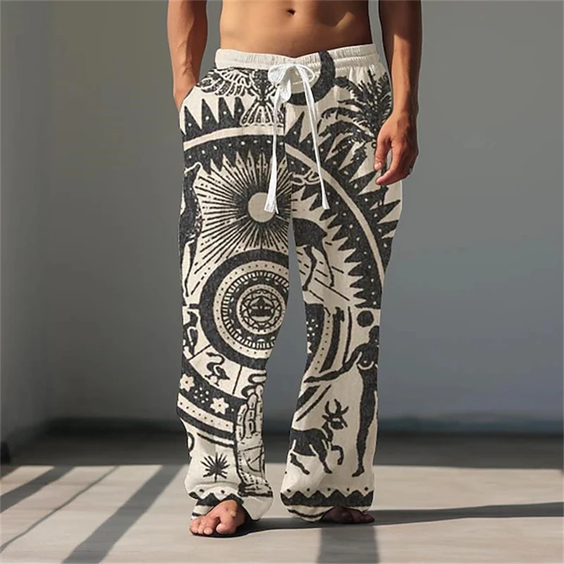 Spring Summer-Style Retro-Print Men's Casual Pants Breathable Loose-Fitting Wide-Leg Pants Outdoor Streetwear Drawstring Pants