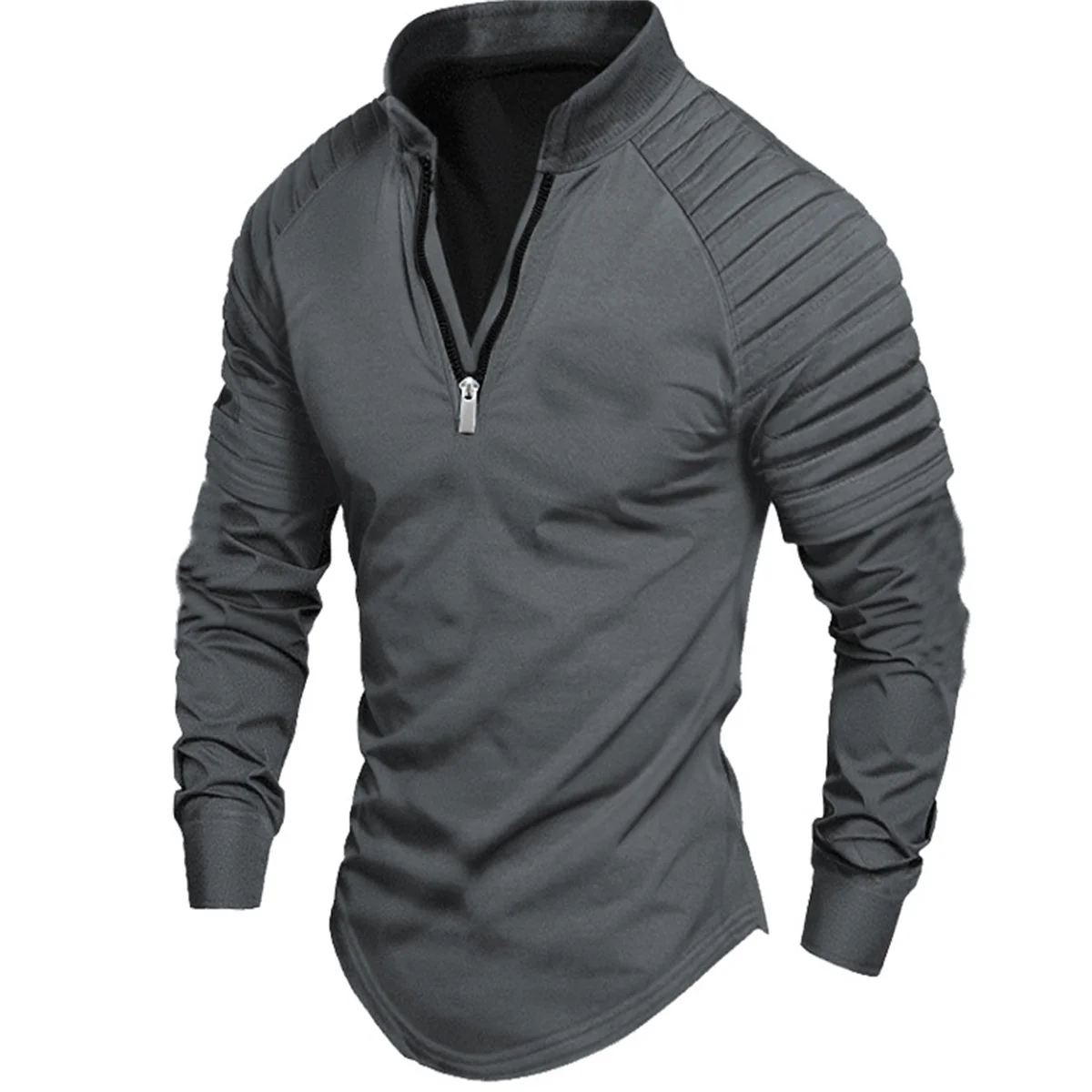 Spring and Autumn Men\'s Outdoor High Street Style Solid Color Zipper Arm Wrinkle Design Muscle Sports Long Sleeve POLO shirt