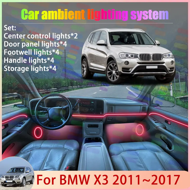 

Для BMW X3 MK2 F25 2011 ~ 2017 2012 2013 2014 2015 2/18 в 1 автомобильный атмосферный светильник RGB абажур ансамбль стример атмосферный набор