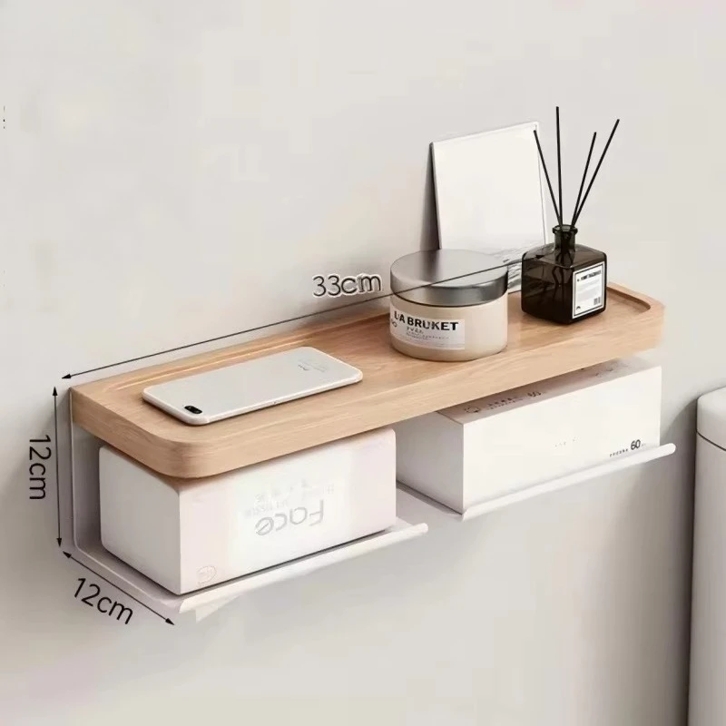 Walnut Wood Bathroom Tissue Box, Wall Mount No Drill Roll Holder with Wide Shelf, Stores Toilet Roll & Wet Wipes