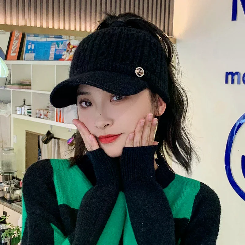 Autumn And Winter Hollow Top Hat All-match Knitted Wool Hat Plus Velvet Thick Warm Ear Protection Hat For Women