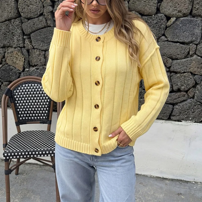 Women's Women Long Loose Fit Casual Medium Weight Solid Color Round Neck Long Sleeve Single Breasted Button Cardigan for Female