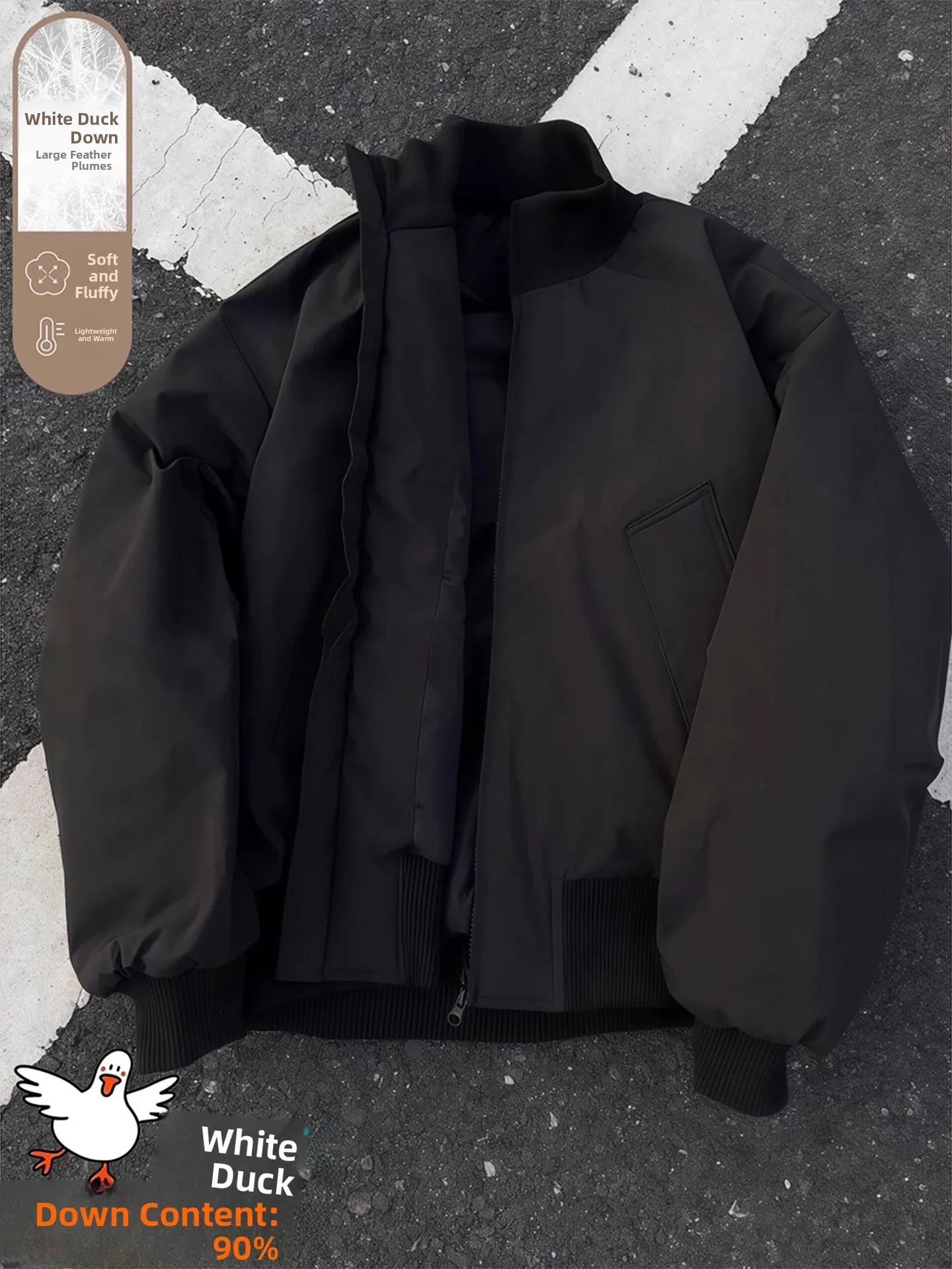 

Men's White Du down Bomber Jaet ort Thiened Winter Warm Cotton Coat Flight Sle Zipper Closure Stand Fit BOMBER S...