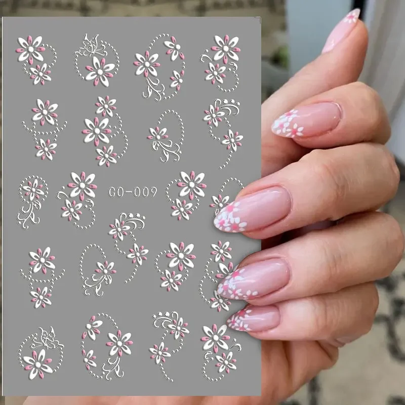 3D White Flower Embossed Nail Sticker White Daisy Nail Art Decals Relief Blooming Floral Adhesive Sliders Nail Decals