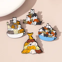 A Cup of Cats Enamel Pin Cat Coffee Cup Mug Brooches Bag Lapel Pin Cartoon Animal Kitten Badge Jewelry Gift for Kids Friends