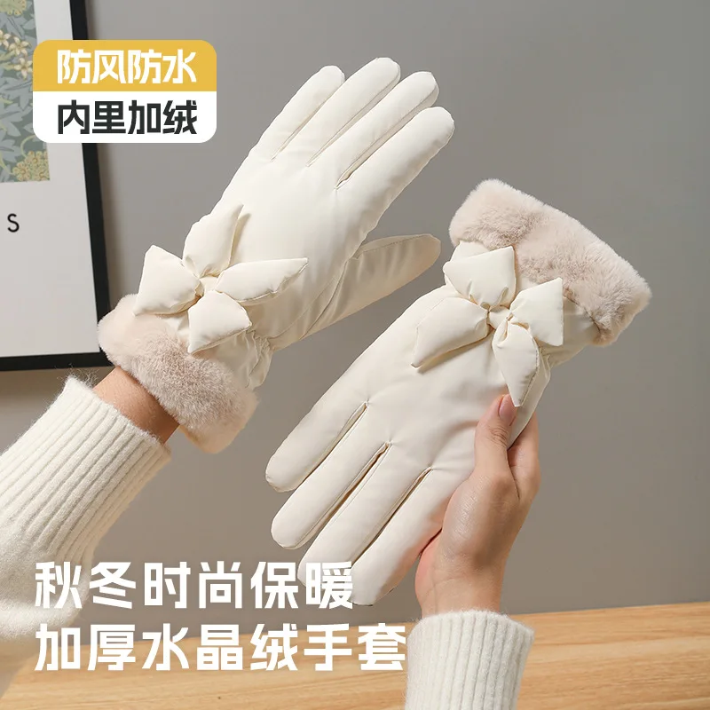 قفازات نسائية مقاومة للبرد مبطنة بالفرو سميكة شتوية دافئة للتزلج وركوب الدراجات والرياضات الخارجية شاشة لمس لطيفة للطالبات