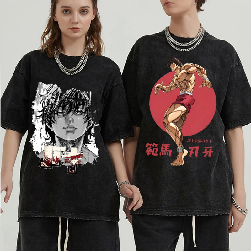 Baki Print Vintage Cotton Tees for Men Women Summer Casual Oversized T-Shirt Tees Gym Workout Training Short Sleeve Tops Outfits