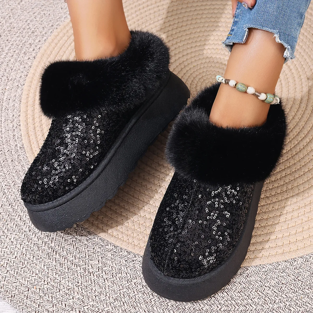 36-44 Ankle Snow Boots Women Winter Fashion Shiny Fur Short Plush Warm Flats Slippers Platform Shoes Indoor Cotton Flip-Flops 40