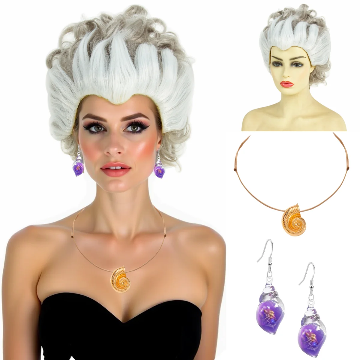 

REEWES Gray White Wig for Undersea Witch with Shell Necklace Earrings Women Girl Synthetic Hair for Cosplay Halloween Costume