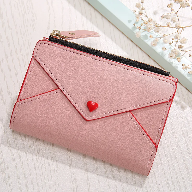 New Cute Love Short PU Women's Card Bag with Splicing Leather Plaid Multi Functional Zipper Wallet