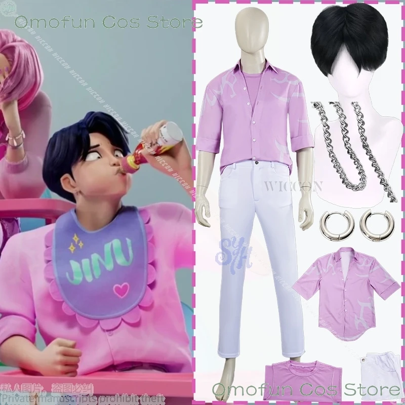 

Взрослый Хэллоуин Kpop Saja Boys Jinu аниме косплей демон корейская униформа косплей розовый топ серьги ожерелье модные мужские наряды