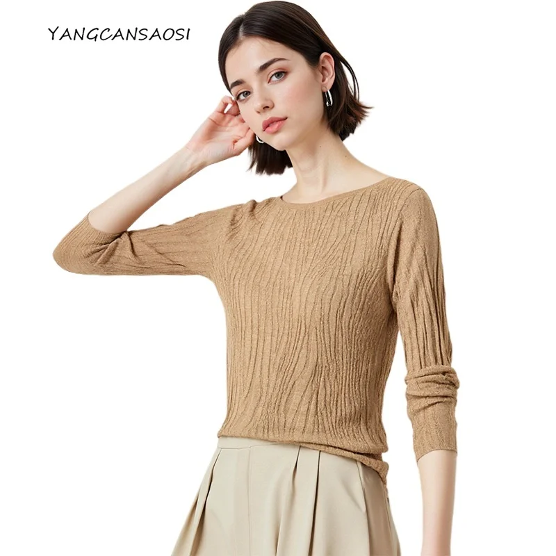 

2025 Women's Autumn/Winter New Water Ripple 100% 48 Count Yangtze Yarn Seamless Integrated Round Neck Pullover Knitted Sweater