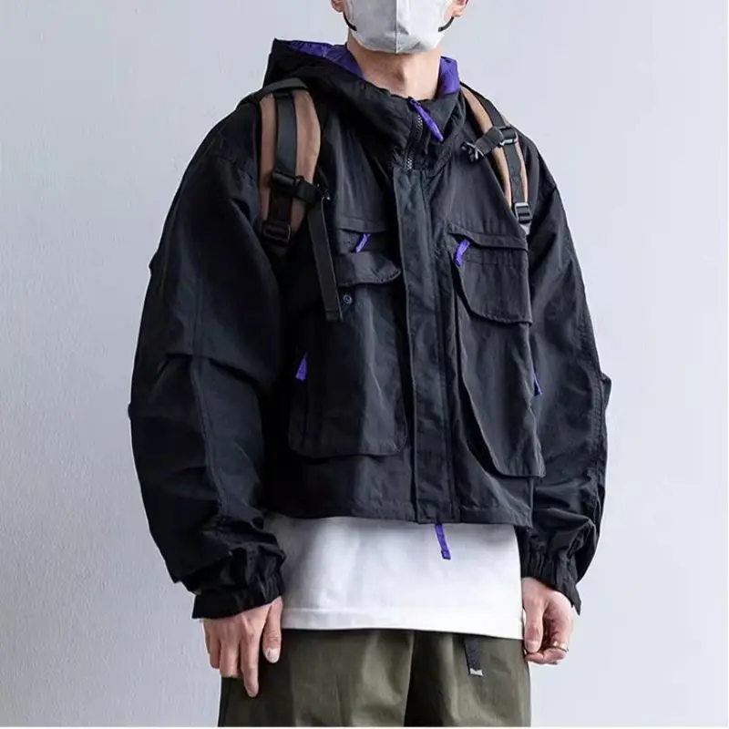 Men Hooded Cropped Outdoor Jacket Loose Contrast Color Multi Pocket Windproof Short Coat Japanese Streetwear Workwear Casual Out