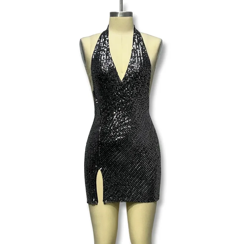 Mini robe dos nu à paillettes pour femmes, décolleté en V profond, jupe de soirée sexy, mode féminine