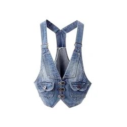 2025 Summer Vintage Sling Denim Vest Women Waistcoat Casual Cowboy Sleeveless Jacket Korean Slim Short Jeans Vests Coat