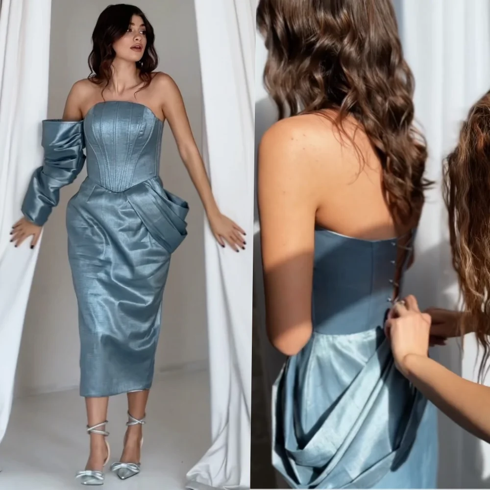 Customized Modern Style Satin Pleat Column One-shoulder Midi Dresses Prom Dresses Classic Exquisite Chinese Style Simple High Qu