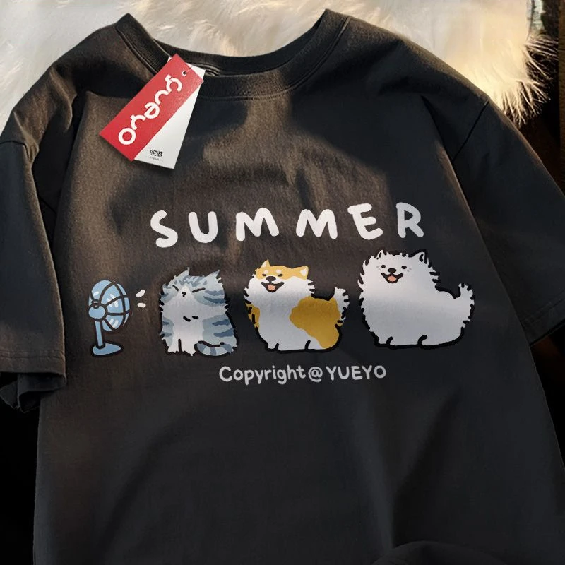 Line Up for Hair Dryer Cartoon American Style Short Casual Loose Summer Cat and Dog Samo Blowing Fan T-shirt for Men and Women