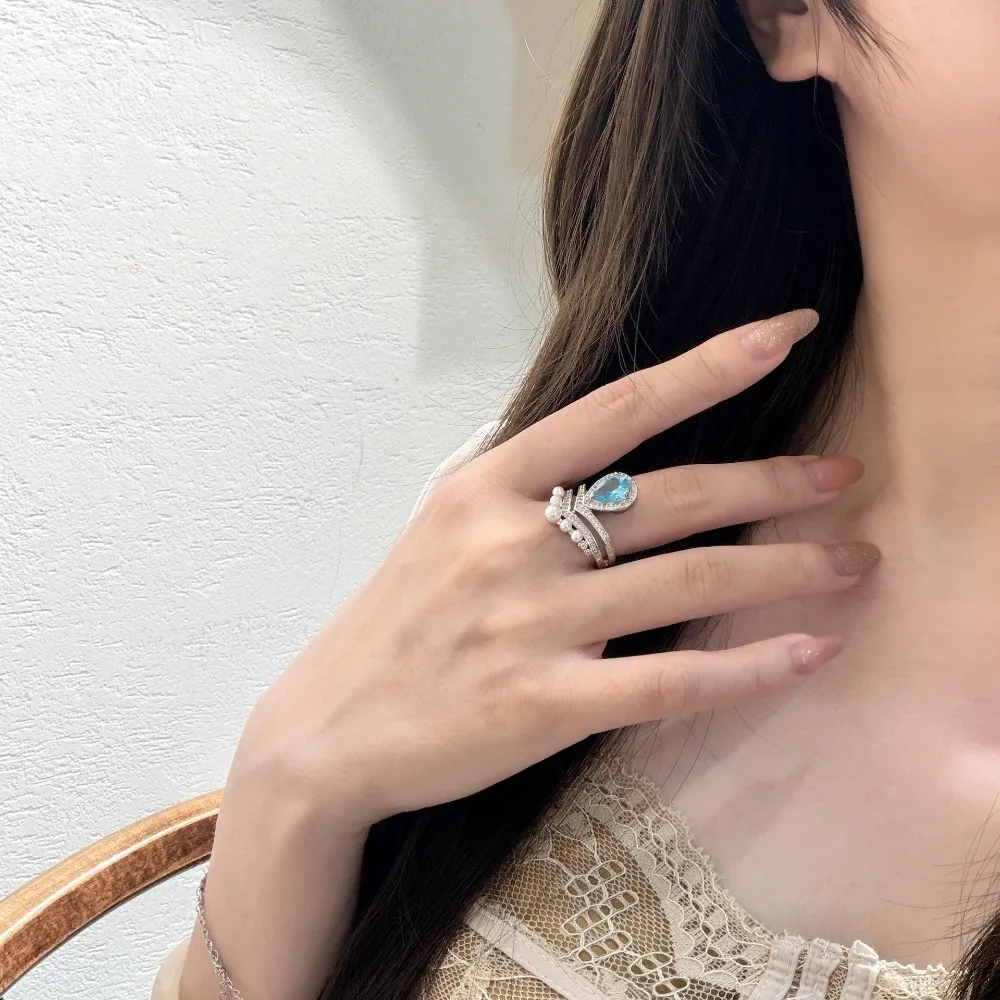 Fashionally designed imitation natural aquamarine crown diamond ring. Adjustable size ring Women's engagement jewelry gift.