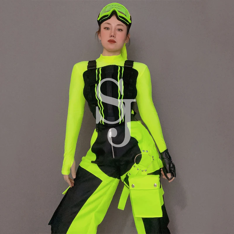 Fluorescent Yellow Top Pants Jazz Dance Overalls Women Gogo Dance Costume Hip Hop Clothing Stage Show Festival Outfit XS6425