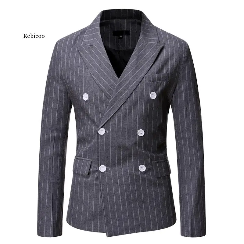 Black Striped Men Blazer Fashion Double Breasted Mens Suit Jacket Coats Casual Business Tuexdo Costume