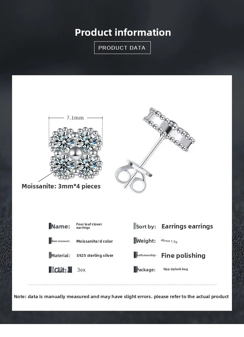 S925 Silver White Gold Plated 0.8CT D Color Moissanite Lucky Four Leaf Clover Stud Earrings for Women, Fine Jewelry Gift