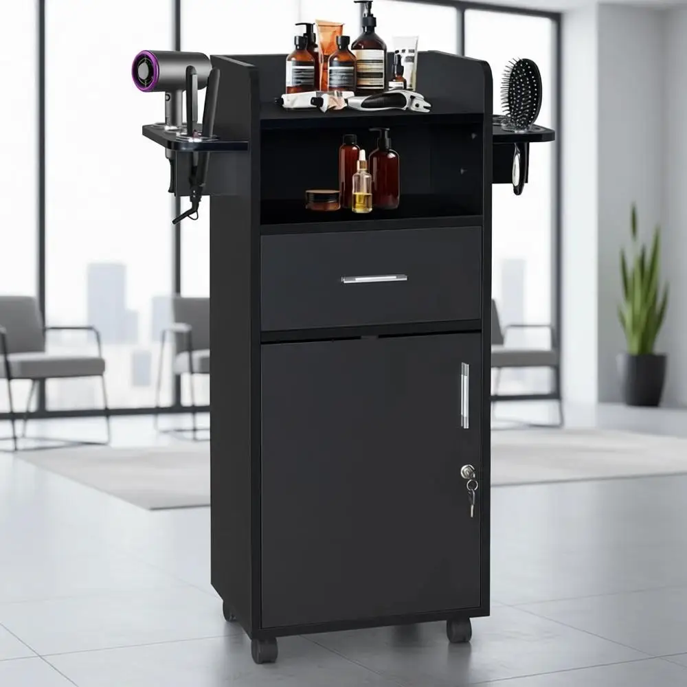 

360° Swivel Beauty Trolley with 6 Tool Holders, Rolling Cart for Hair Stylists, Spa, and Barbershop, Black
