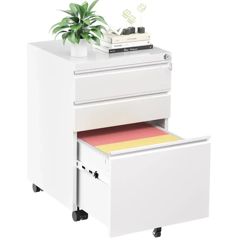 3 Drawer Filing Cabinet with Lock, Assembled White Mobile File Cabinet with Wheels, Rolling Small Metal Cabinets Under Desk