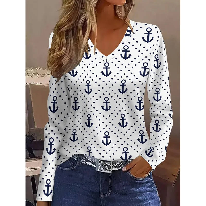 Plus Size Casual Elegant Vacation Fashion Abstract Painting Polka Dot Anchor Graphic Full Print Breathable V Neck Long Sleeve