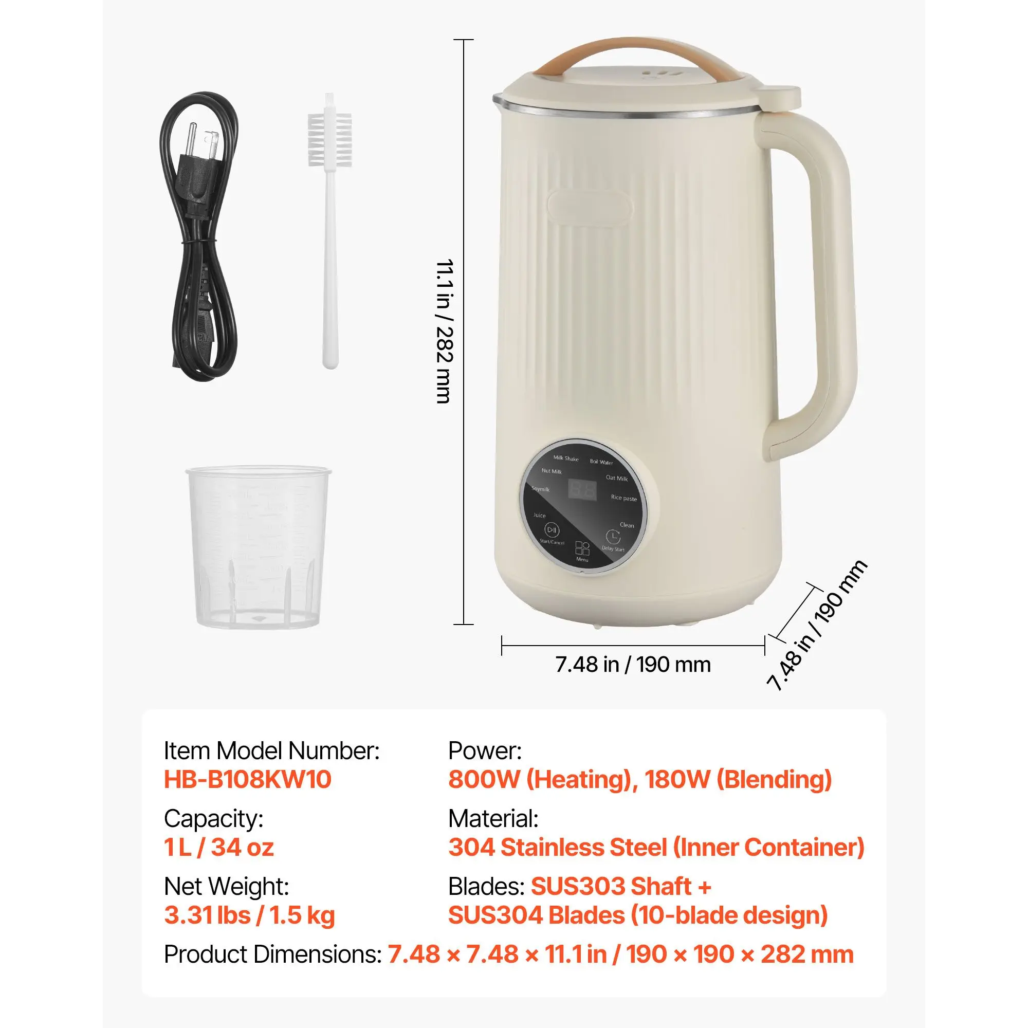 8-in-1 Nut Milk Maker, 34 oz Soy Milk Maker with 180W Blending, for Homemade Oat, Nut, Soy, Juice, Milkshake, Rice Cereal, Plant-Based Beverages with Self-Cleaning, Boil Water, 12-Hour Delay