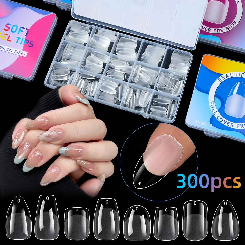 300PCS Soft Gel Nail Tips Full Cover False Nail Tips For Nail Extensions Short Almond Matte Nail Art Artificial Nails 15 Sizes_voghion.com