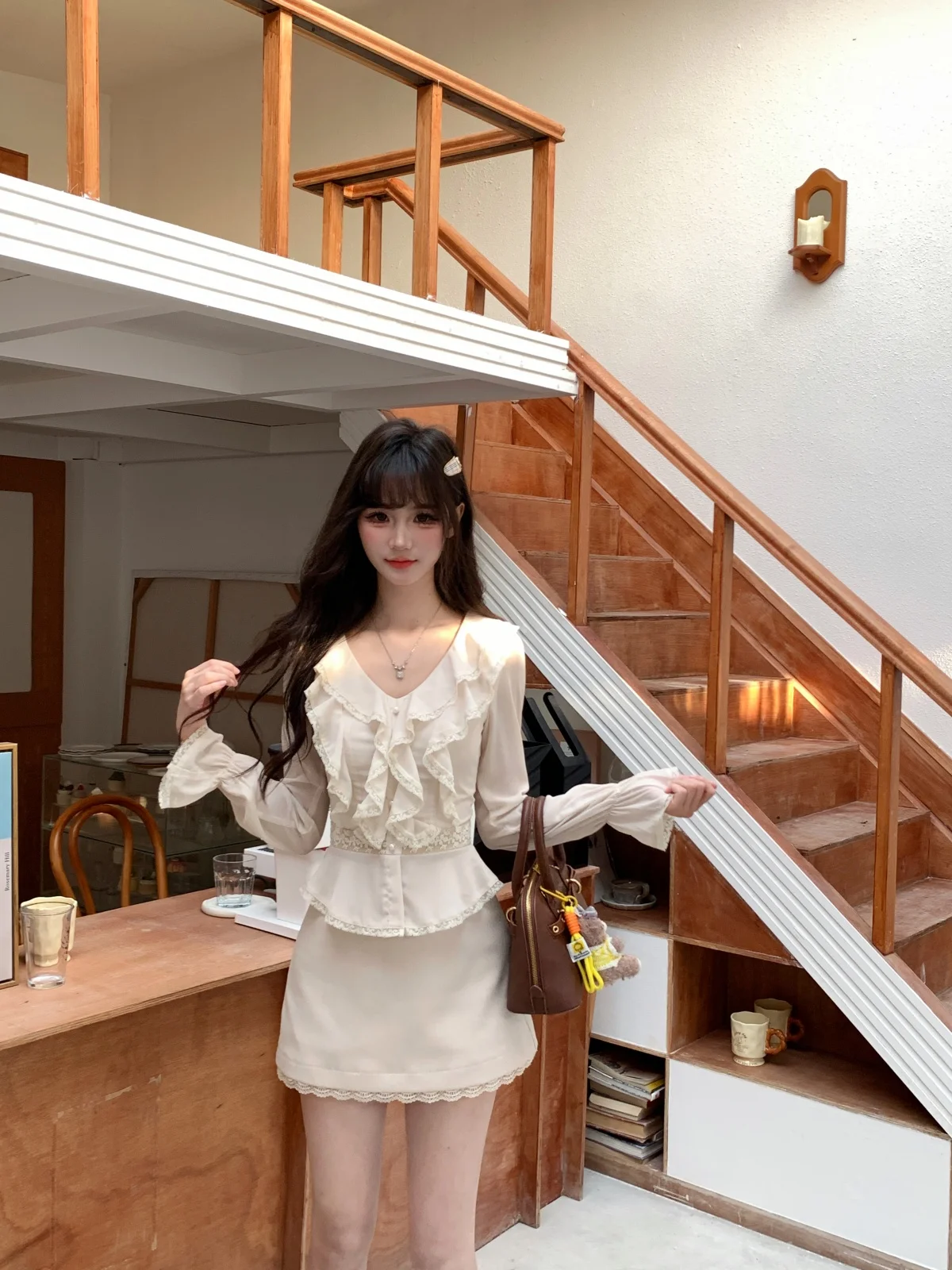 

Musefi Korean Sle f Skirt Set Sweet Heart Pure Desire Wind Lotus Le Top Long Sve V-ne Slim Fit Faion Set for ...