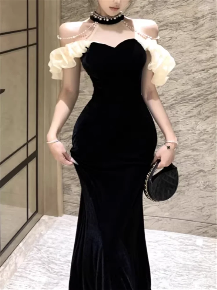 

Новое потрясающее черное бархатное длинное вечернее платье с открытыми плечами, платье русалки на бретельках с оборками и открытыми плечами на цепочке на день рождения