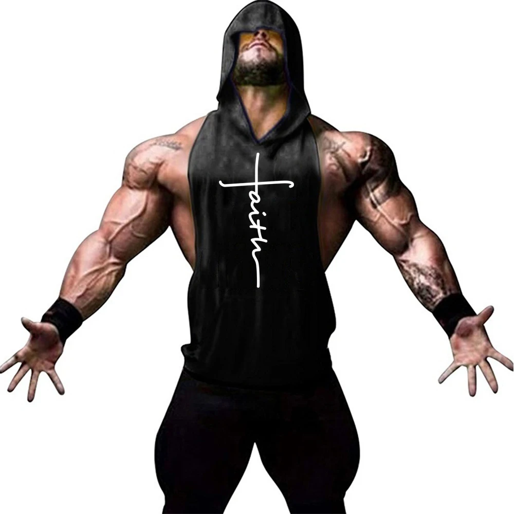 

Men's fitness hooded clothing summer personalized printed pattern quick drying American sports sleeveless various color vest