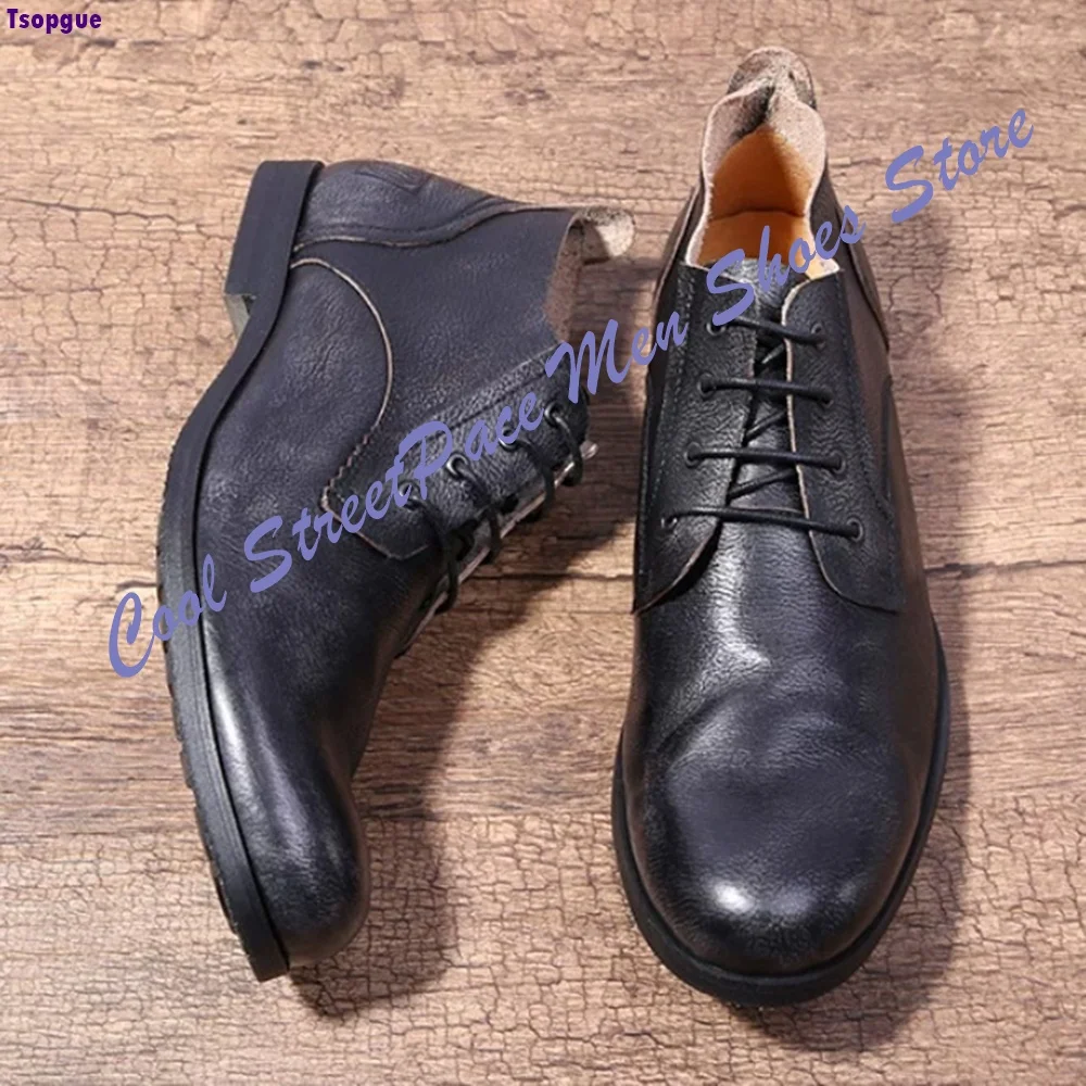 European and American Style Retro Pleated Men's Boots Fashionable Genuine leather Low-top slip-on Distressed Lace-up Shoes