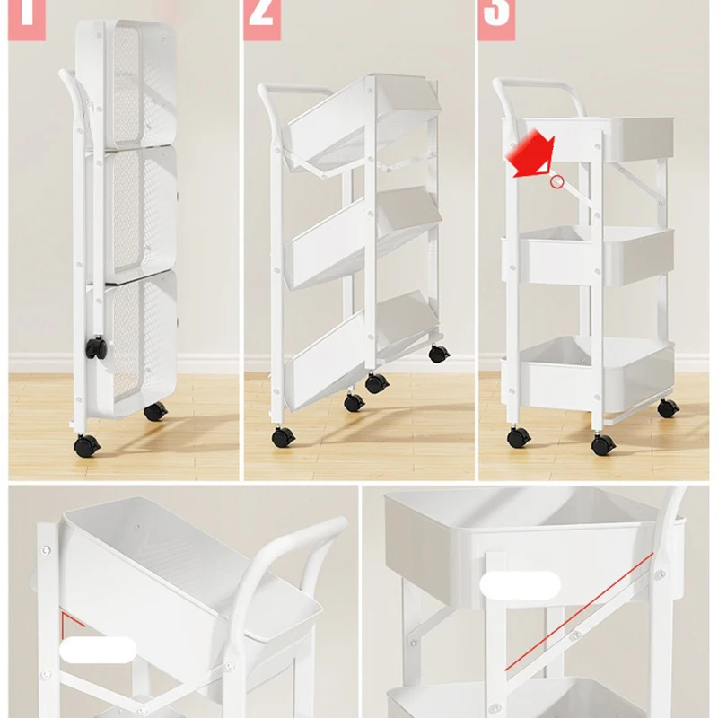 Folding Shelf 3 Layers Trolley Movable Storage Rack with Wheels Kitchen Bathroom Multifunction Metal Foldable Storage Shelves