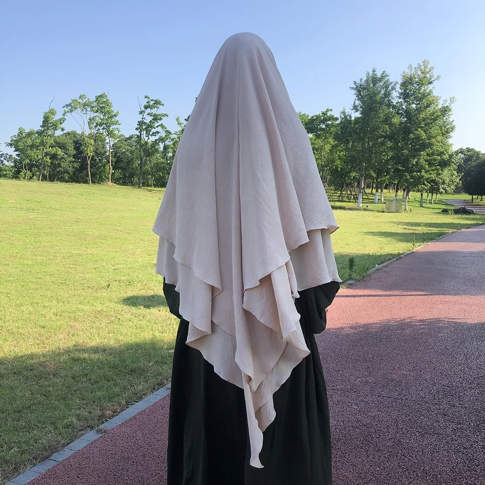 Khimar 2 레이어 재즈 크레페 더블 레이어, 고품질 무슬림, 겸손하고 패션 기도하는 긴 히잡, 이슬람 의류 도매 